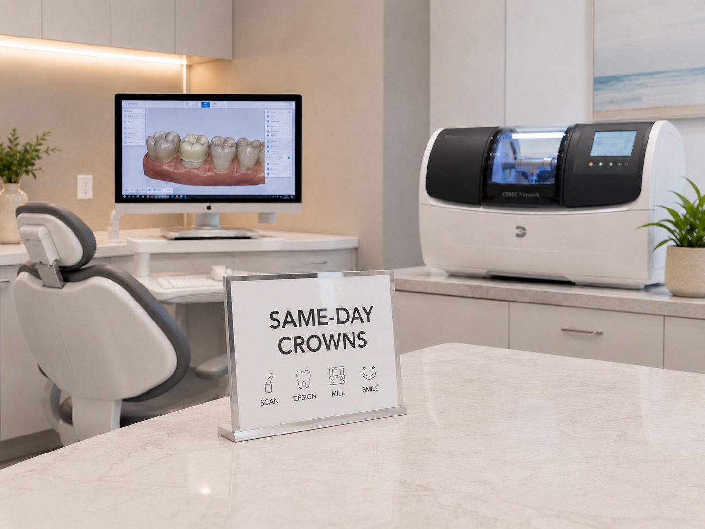 CEREC chairside milling unit and same-day crown design software — one-visit dental crowns